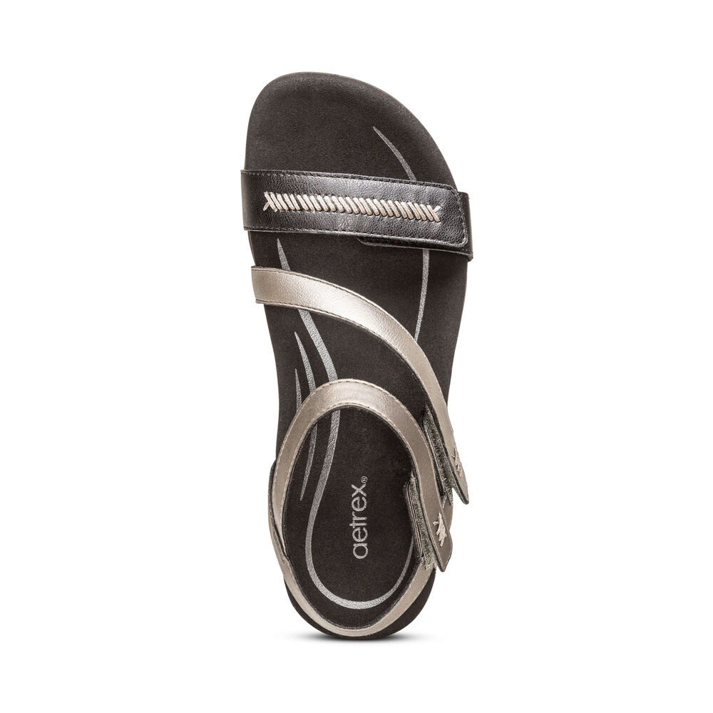 Aetrex Women's Gabby Adjustable Quarter Strap Sandals - Black | USA VVJSWSN